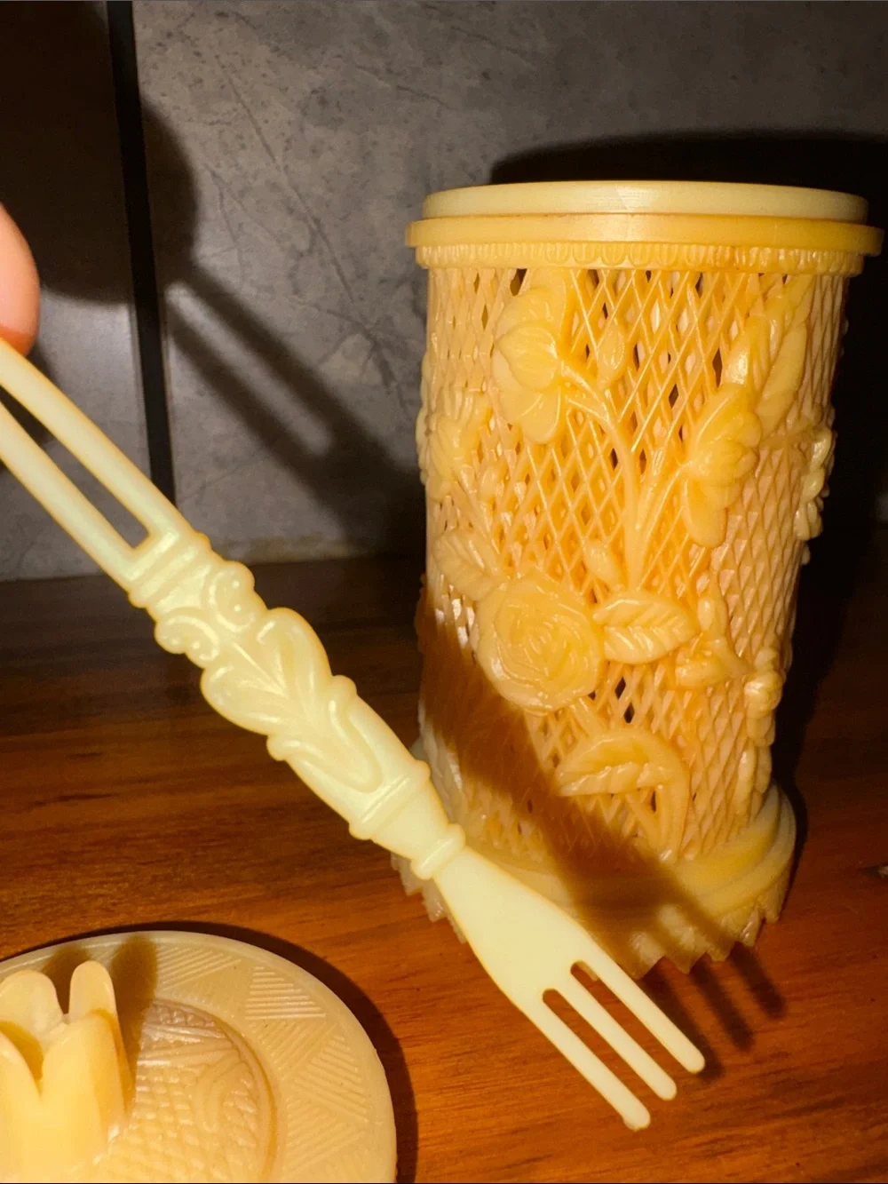 1960s MCM Lattice/ Floral Carved Resin Lidded Jar with 32 Tiny Forks Inside